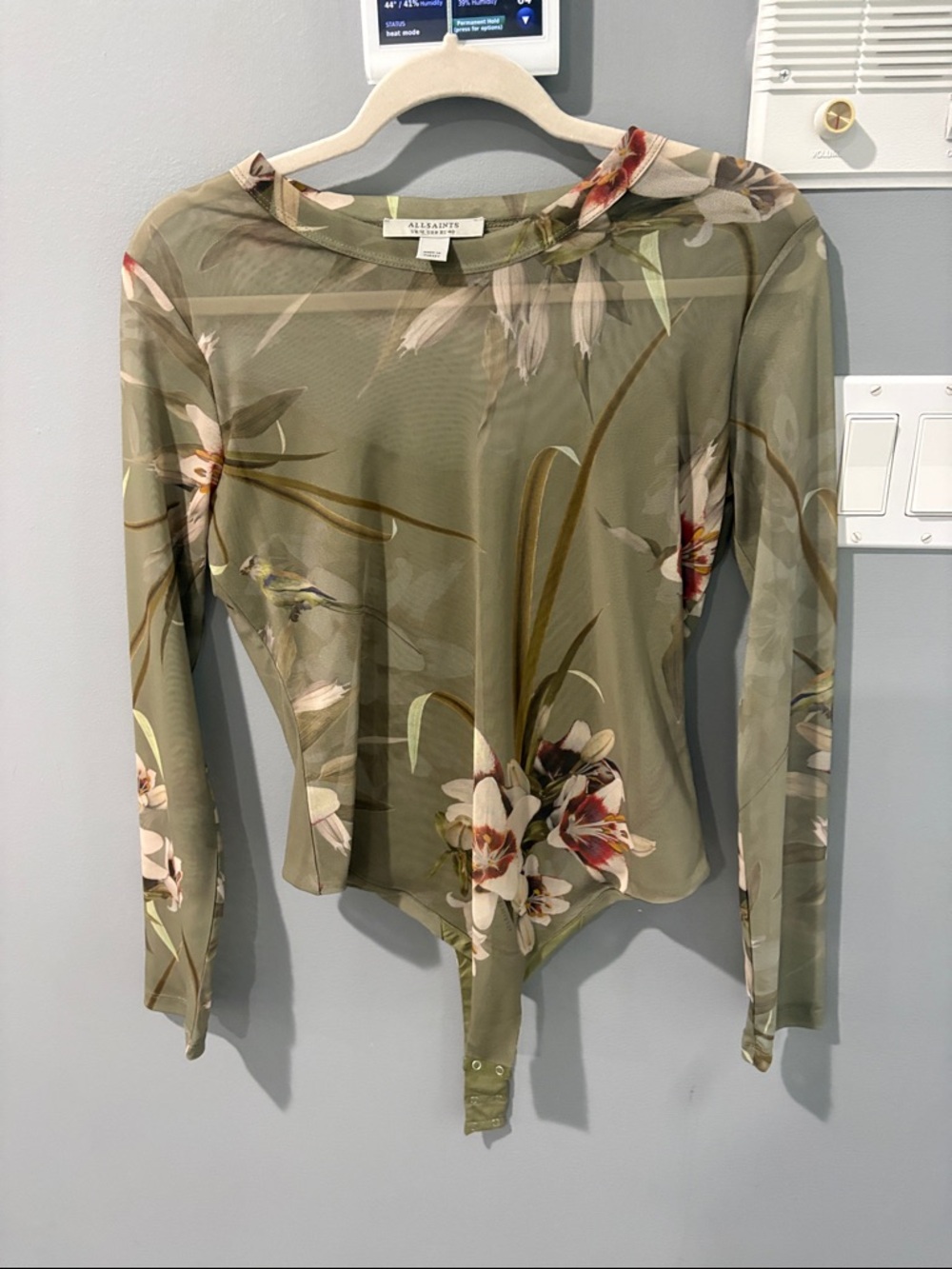 All Saints Olive Green Floral Sheer Long Sleeve Bodysuit